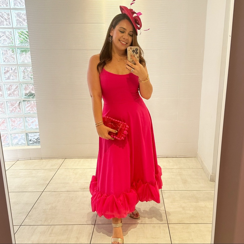 Vibrant Pink Midi Dress with Ruffle Hem